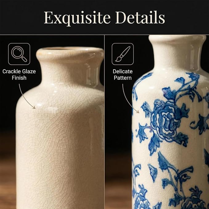Rustic Ceramic Vase Set of 3, Farmhouse Decorative Flower Vases for Home Decor, Living Room Kitchen Bathroom Table Centerpieces, Shelf, Mantel and Entrance Decorations