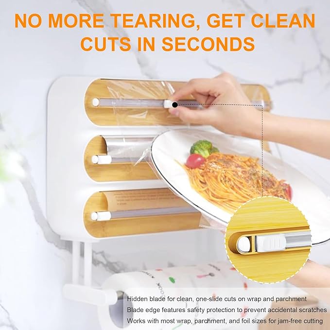 4in1 Plastic Wrap Dispenser with Cutter Aluminum Foil Organizer Wrapping Paper Storage and Kitchen Towel Holder Ideal for Kitchen Organization and Countertop Space Saving