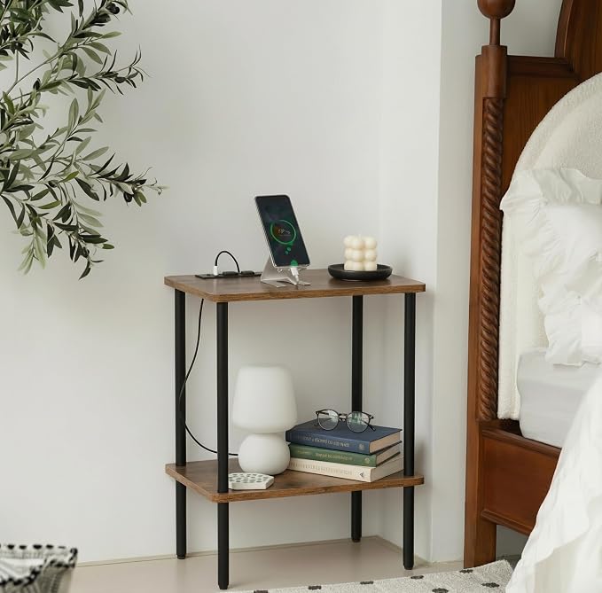 FORAOFUR End Table with Charge Station, Small End Tables Living Room, Nightstand with 2 Tier Storage Shelves for Small Spaces, Living Room, Bedroom, Sofa End Table Rustic Brown