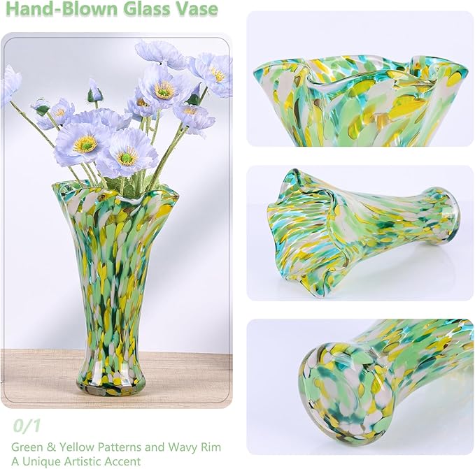 9.0"H Green Glass Vases for Flowers, Unique Hand Blown Glass Vase Green Gold Home Decor, Wide Mouth Colorful Flower Vase Centerpieces, For Living Room Table Bookshelf, Bathroom Office Shelf Decorative