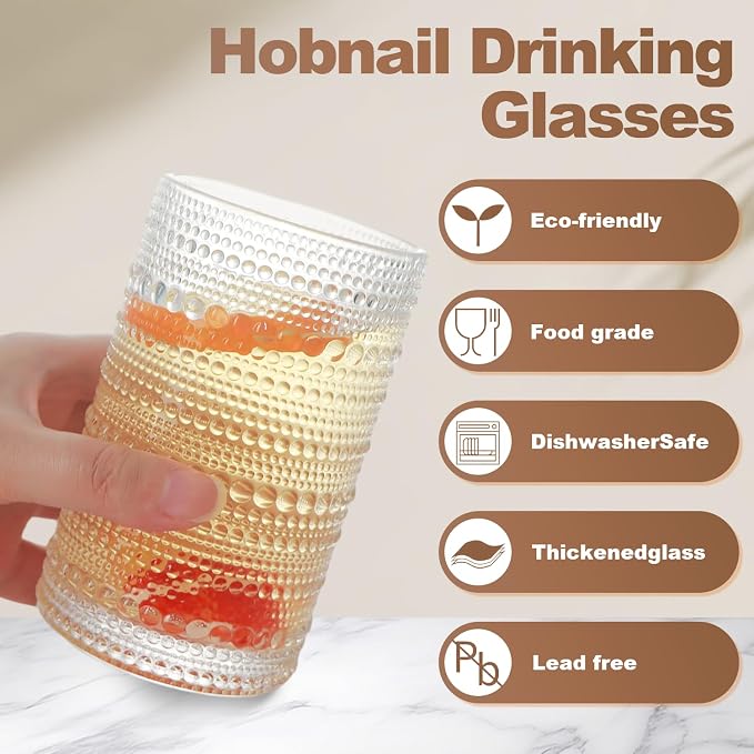 Hobnail Drinking Glasses Set of 12, 15 oz Large Capacity Highball Glasses with Straws Vintage Glasses Drinking Set, Embossed Beaded Glass Cups for Kitchen, Beer, Juice, Cocktail, Whiskey, Milk
