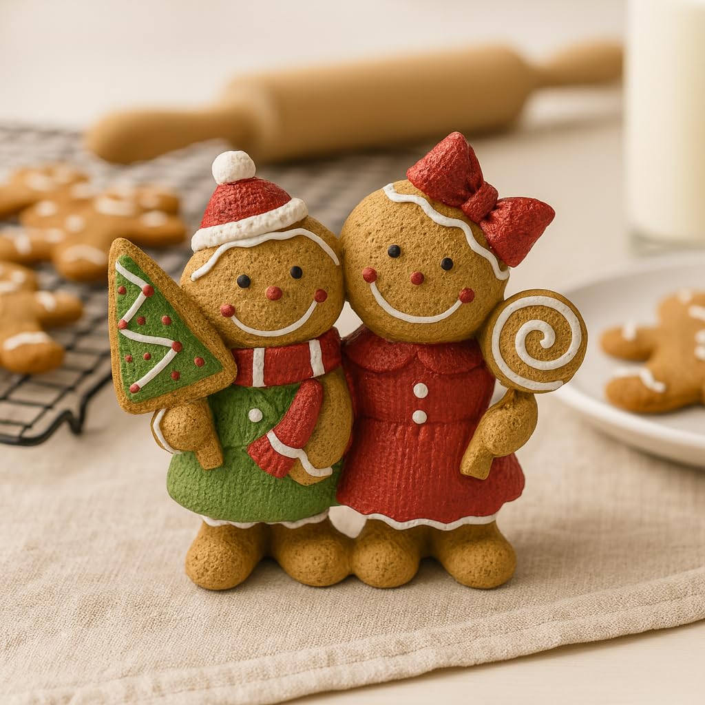 iStatue Christmas Gingerbread Couple Resin Figurine – Hand-Painted Holiday Décor, Boy with Tree Cookie & Girl with Bow and Swirl Lollipop, Tabletop/Mantel Accent (Brown Gingerbread)