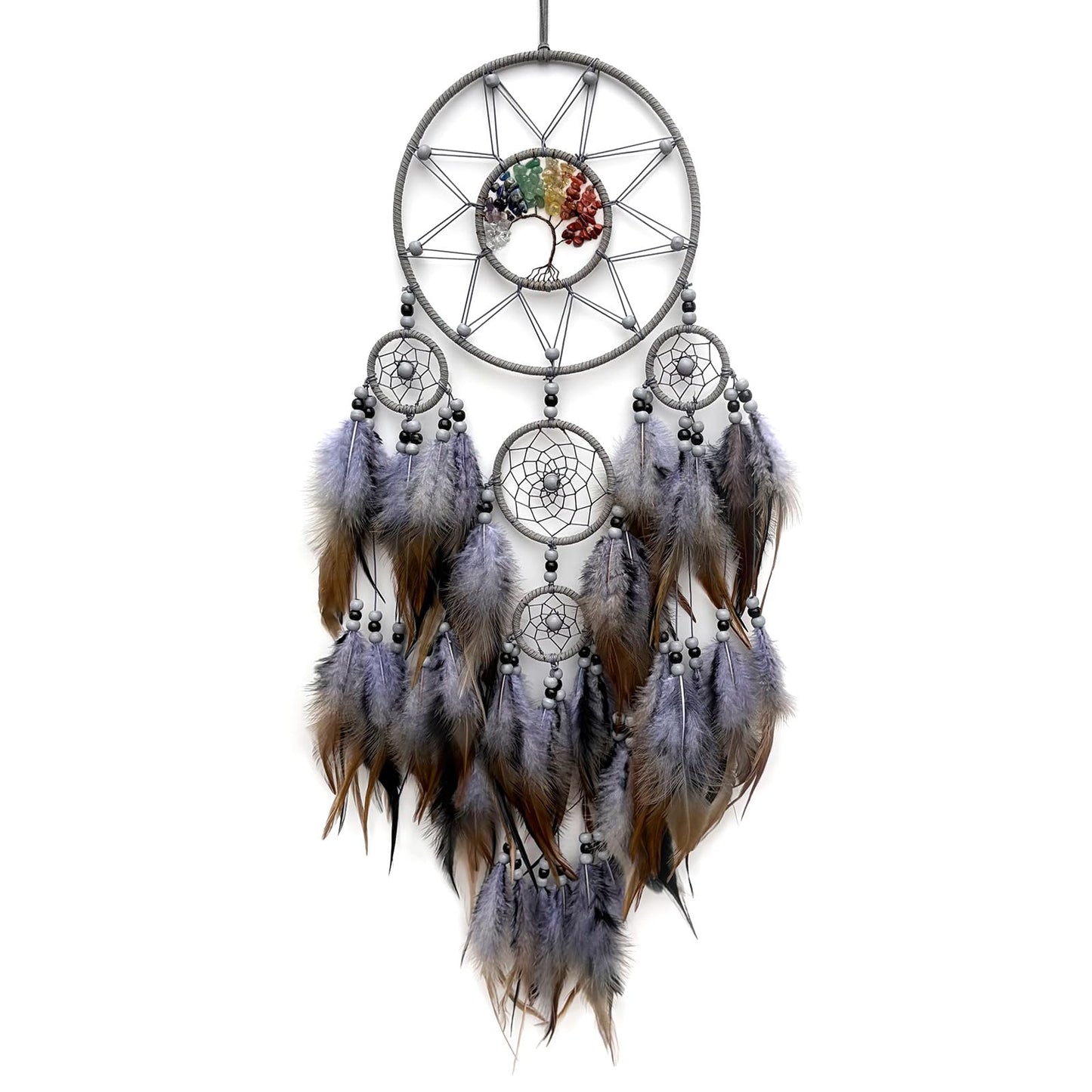 RAGKUU Grey Large Dream Catcher Wall Decor Crystal Tree of Life Dream Catchers Handmade Feather Dreamcatcher Wall Hanging Ornament for Bedroom Living Room Home Decor