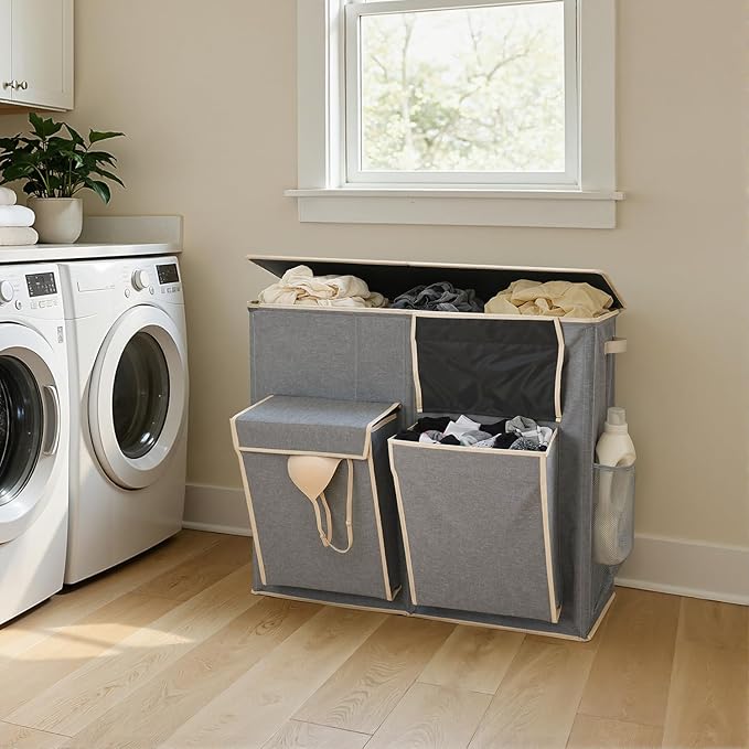 SOLEDI 220L Laundry Hamper 3 Section,Extra Large Laundry Basket with Lid and 2 Side Pockets, Dirty Clothes Hamper with Removable Bag Easy to Carry for Laundry Room, Bedroom, Bathroom, Grey