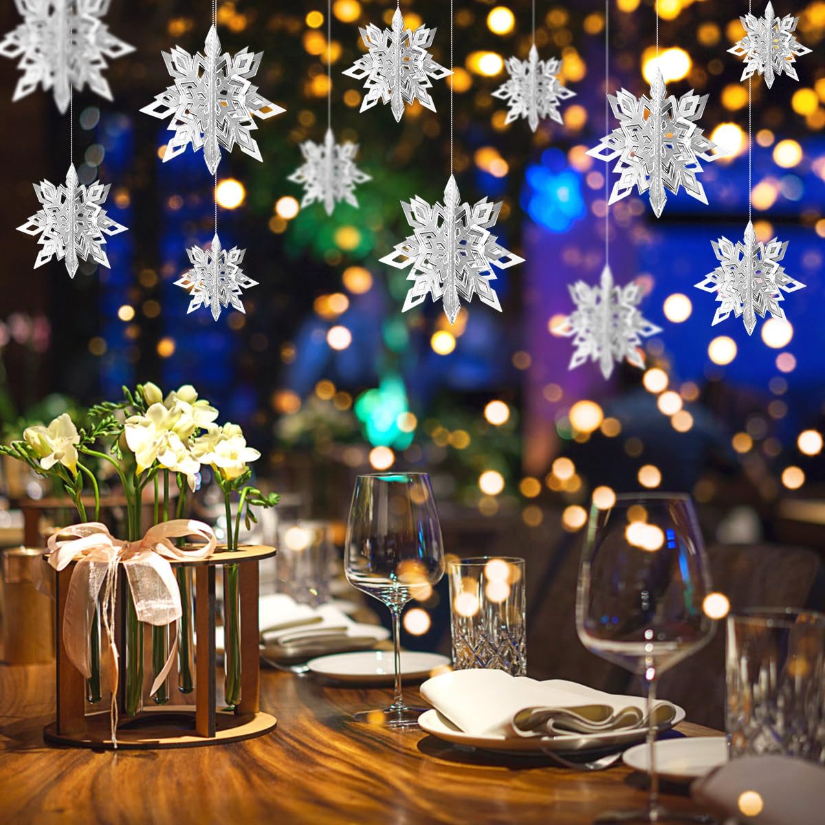 Winter Snowflake Hanging Decorations - 3D Large Silver Snowflakes Paper Hanging Garland for Christmas Winter Wonderland Holiday New Year Party Home Decoration 12PCS (Silver)