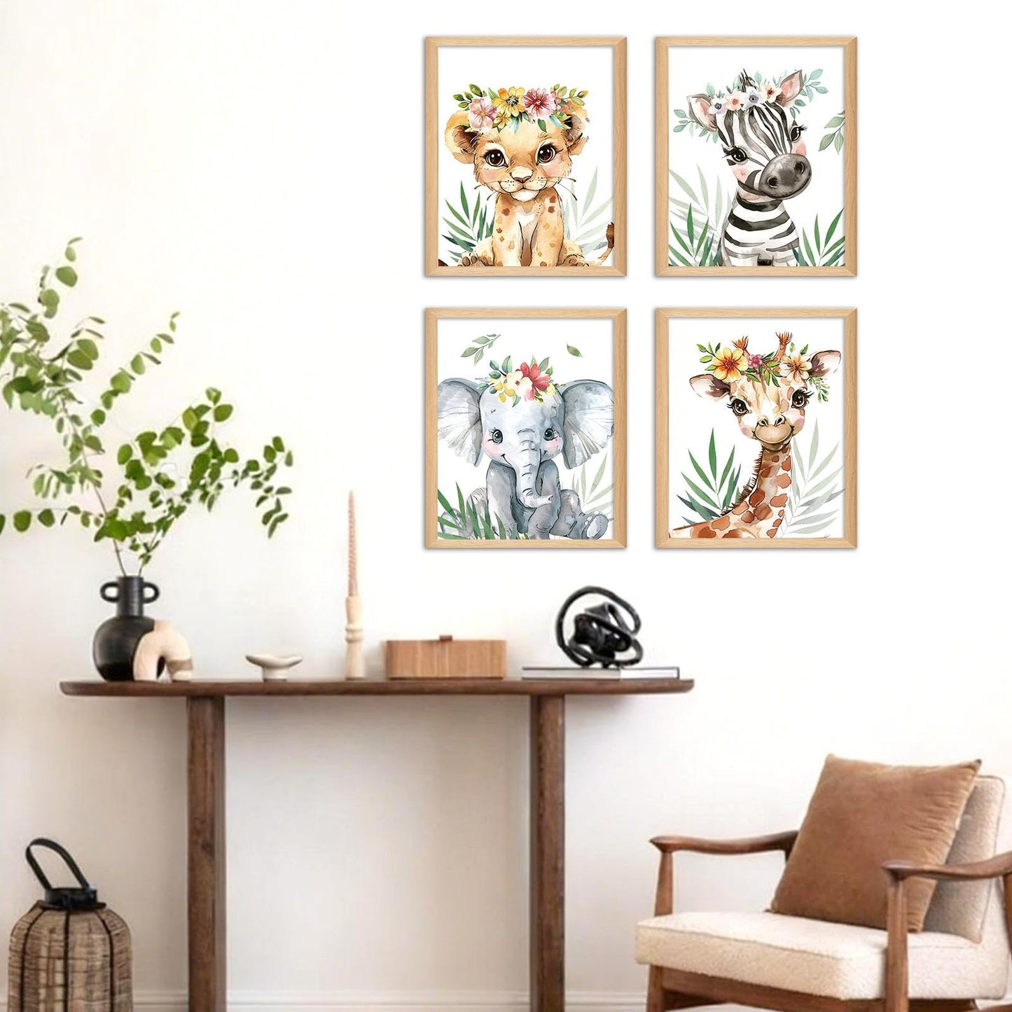 Hapons Baby Safari Animals Nursery Wall Art Decor Posters, Jungle Lion Zebra Elephant Giraffe College Teen Kids Toddler Room Bedroom Bathroom Dorm Wall Art Prints, Aesthetic Tropical Plants Playroom Classroom Wall Decor Gifts 8''x10'' 4 PCS Unframed