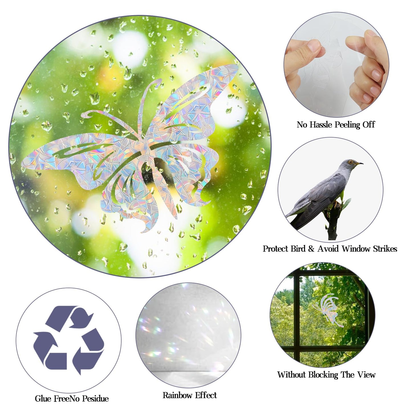 Shawula 32PCS Butterfly Window Clings - Anti-Collision Decals to Save Birds from Window Collisions,Non Adhesive Prismatic Vinyl, Rainbow Stickers