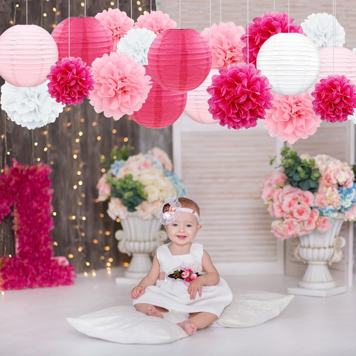 Celehappy Pink Paper Lanterns - Party Decorations Tissue Pom Poms for Weddings Birthdays - 18pcs Hanging Lanterns - Pink/White/Rose