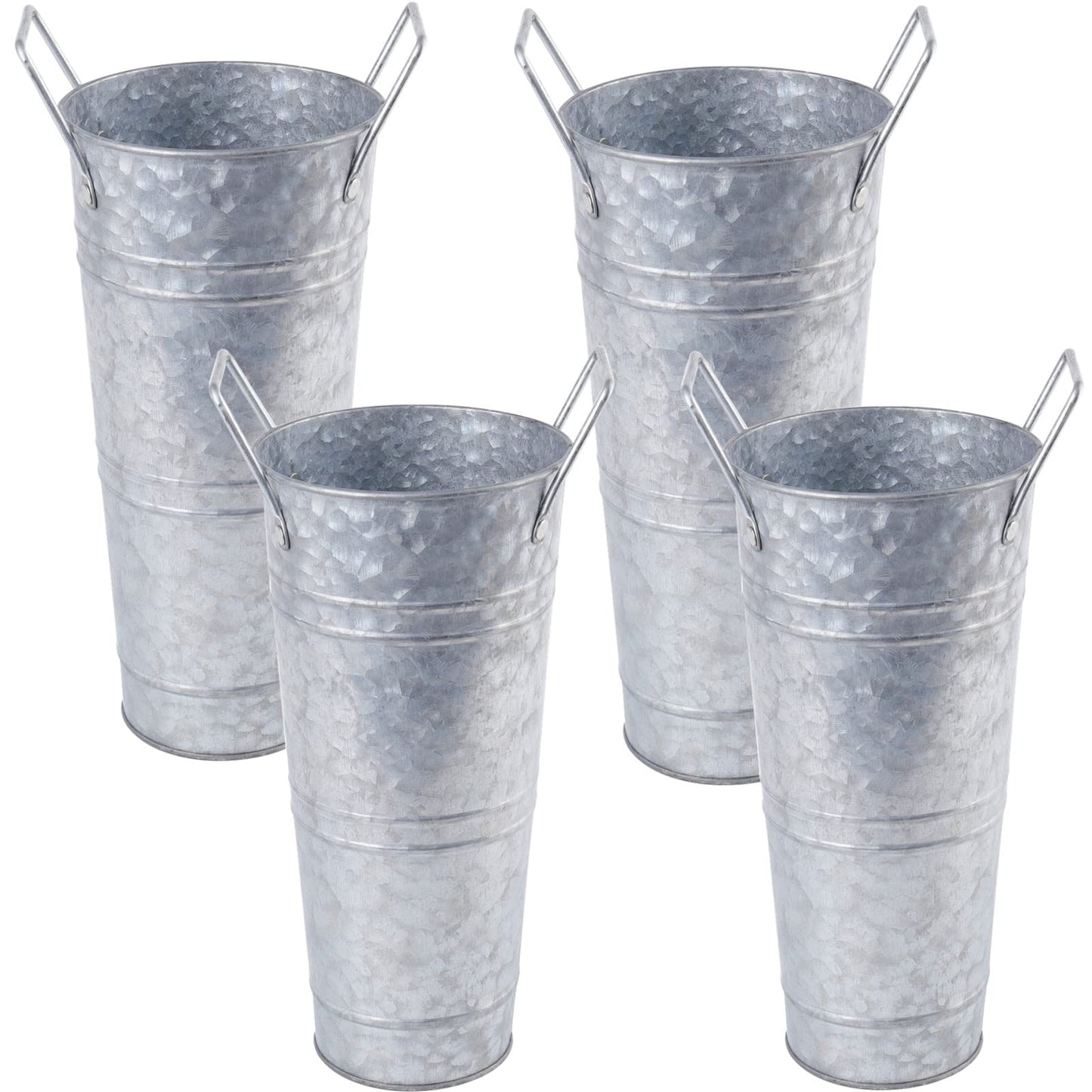 ZOOFOX Set of 4 Galvanized Metal Vases, 9" Farmhouse French Bucket with Handles, Rustic Style Metal Flower Holder for Home and Wedding Table Centerpiece Decor, with Plastic Liner/Insert Included
