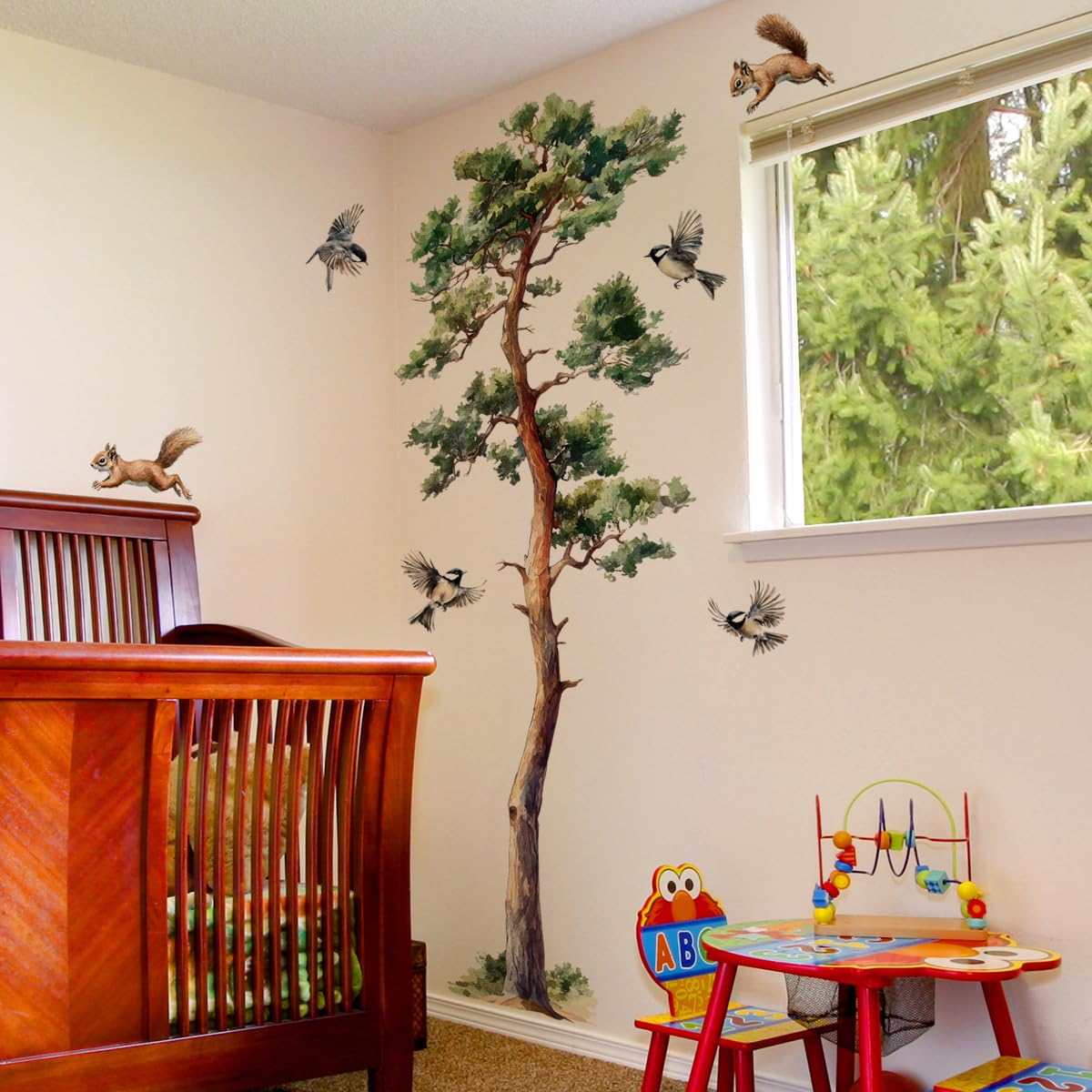 Pine Tree Wall Decals Large Green Tree Birds Wall Stickers Peel and Stick Wall Art Decals for Living Room Bedroom TV Background