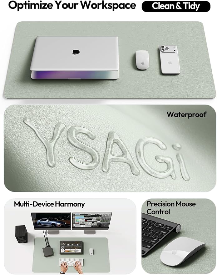 YSAGi Leather Desk Protector, Office Mat, Large Mouse Mat, Non-Slip PU Leather Blotter, Laptop Desk Mat, Waterproof Writing Pad for Office and Home(Grayish Green, 63" x 17.2")