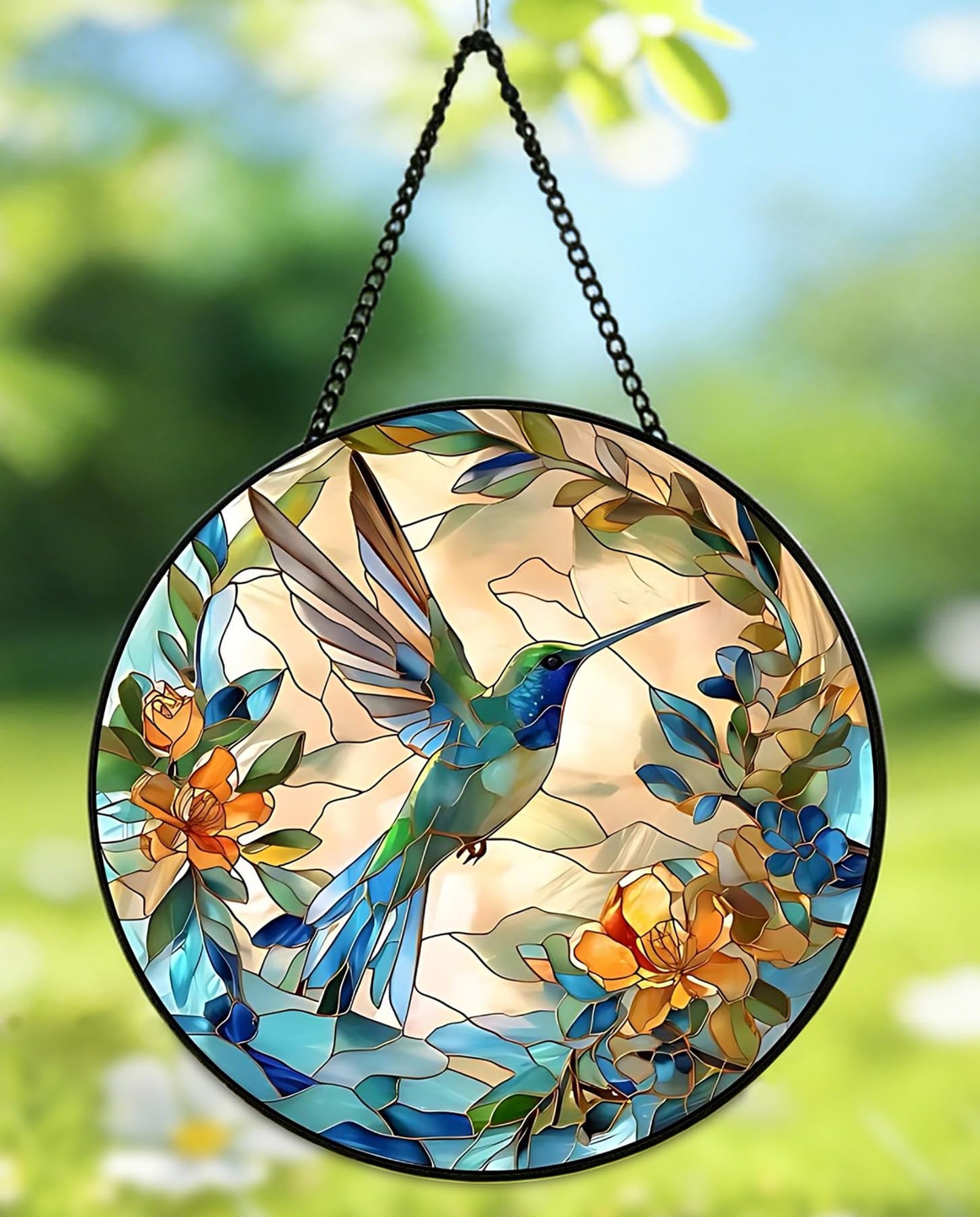 9.8 In Hummingbird Stained Glass Window Hanging, Large Stained Glass Suncatcher for Indoor Home Decor, Vibrant Bird & Flower Window Suncatcher Ornament for Garden, Ideal Gift for Women Mom Bird Lovers
