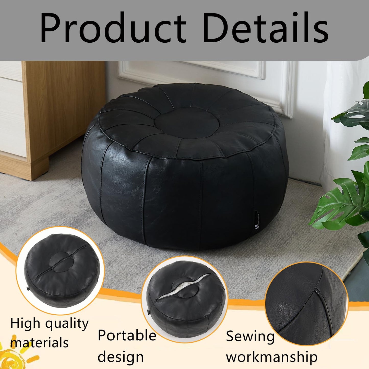 Louis Donné Unstuffed Pouf Ottoman Cover, Handmade Faux Leather Moroccan Pouf Ottoman Footstool, Floor Footrest Cushion, 21x12inch Black Storage Solution Poufs for Lving Room Gifts, ONLY Cover