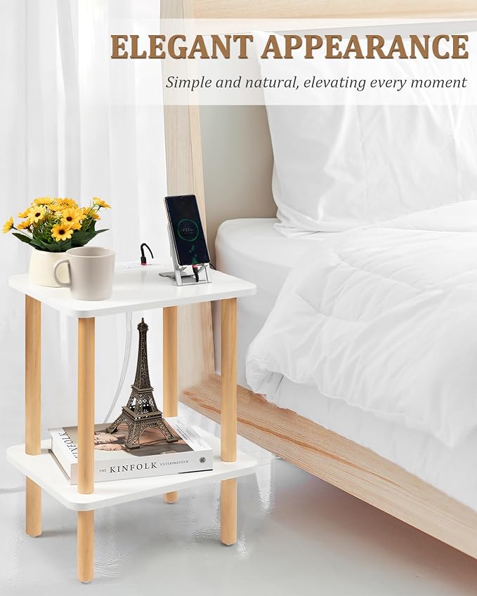 FORAOFUR End Table with Charging Station, End Tables with USB Ports and Outlets, Small Side Table for Living Room, Bedroom & Office, Two-Tier Narrow Side Table, Easy Assembly