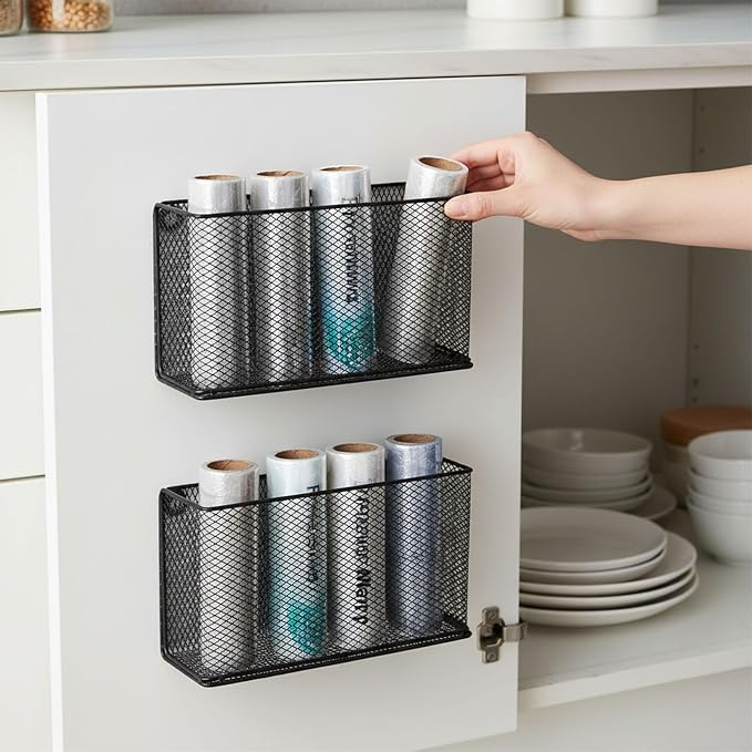 Foil and Plastic Wrap Organizer, Metal Grid Cabinet Door Organizer for Pantry Storage, Self-Adhesive Aluminum Foil Storage Holder with No-Drill Wall Mount for Kitchen Cabinets, Black