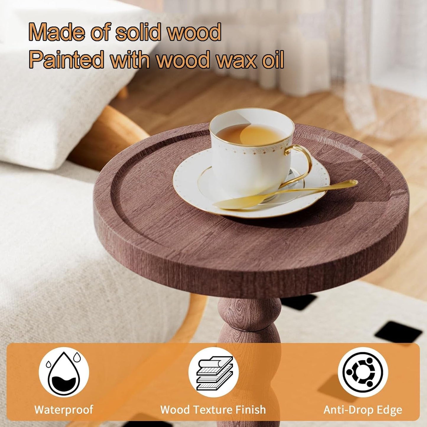 ZNKJYSZQ Solid Wood Small Side Table, 24cm Round Mini End Table for Small Spaces, Mid Century Vintage Night Stands with Pedestal Base, Plant Stand Nightstand Accent Table(Brown)