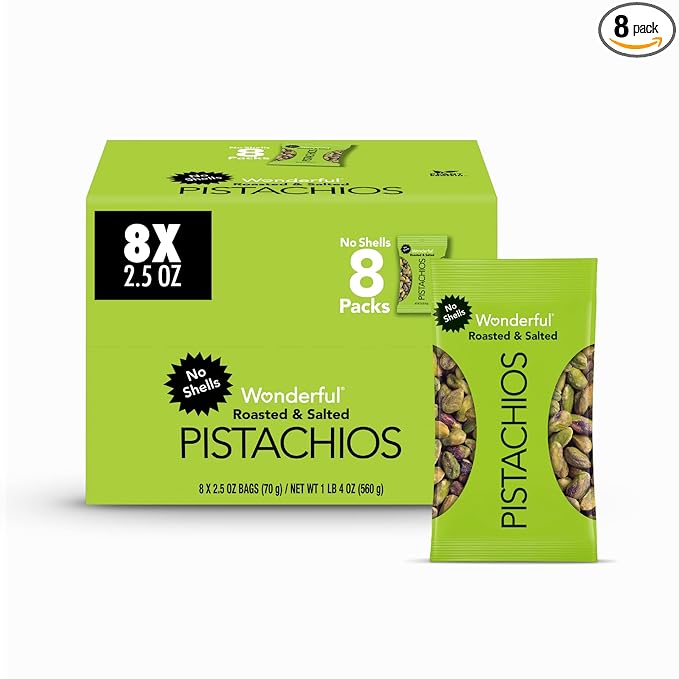 Wonderful Pistachios No Shells, Roasted and salted Nuts, 2.5 Ounce Bag (Pack of 8), Protein Snack, On-the-Go, Individually Wrapped Healthy Snack