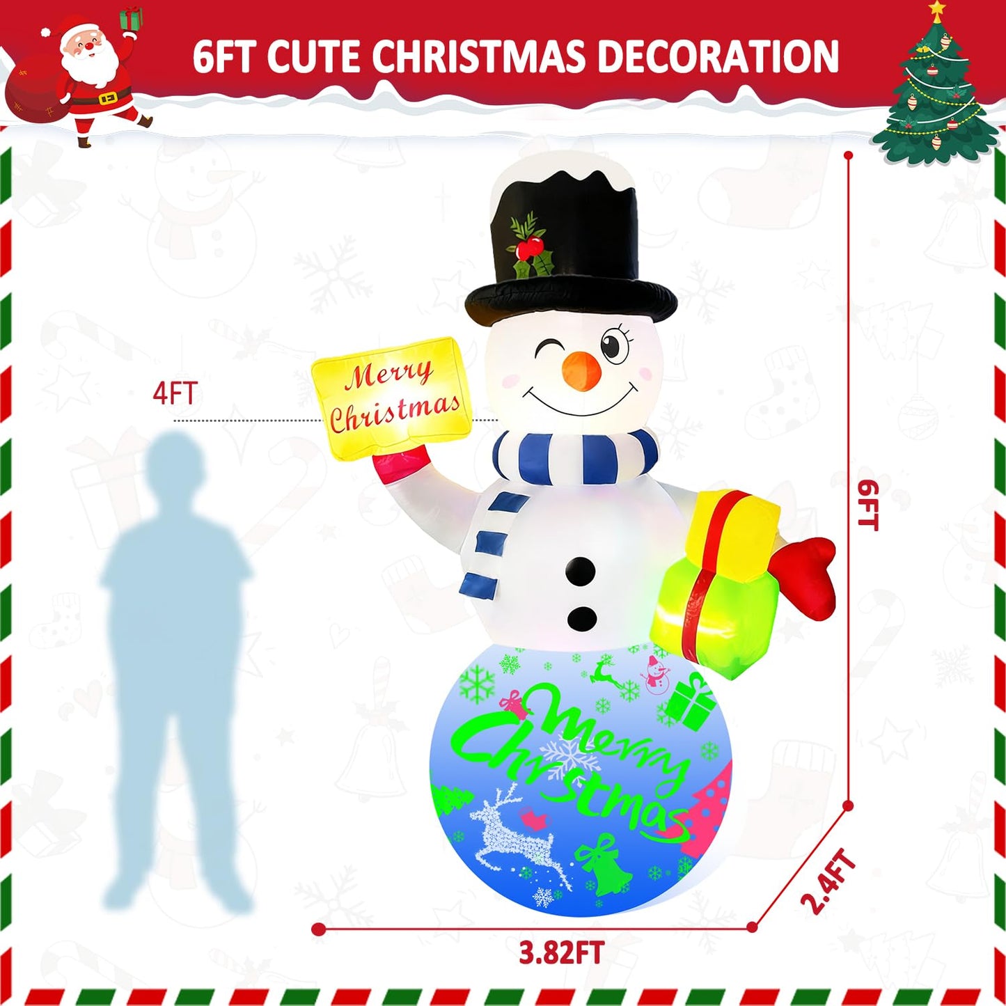 Airdomi 6FT Christmas Inflatables Snowman Outdoor Christmas Decorations Blow Up Snow Man Decor Built-in Rotating Music Box LED Light Wear Magic Hat for Indoor Yard Holiday Party Garden Xmas New Year