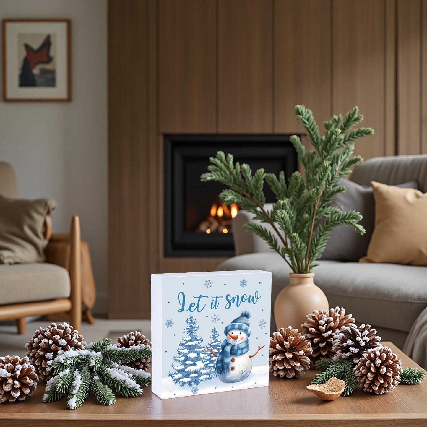 Winter Decorations Indoor Winter Decor Let It Snow Home Room Snowman Tree Office Bathroom Table Wood Box Sign Rustic Wooden Shelf Desk Decor Season Sign House Warming Gifts 5.9 x 5.9 Inch