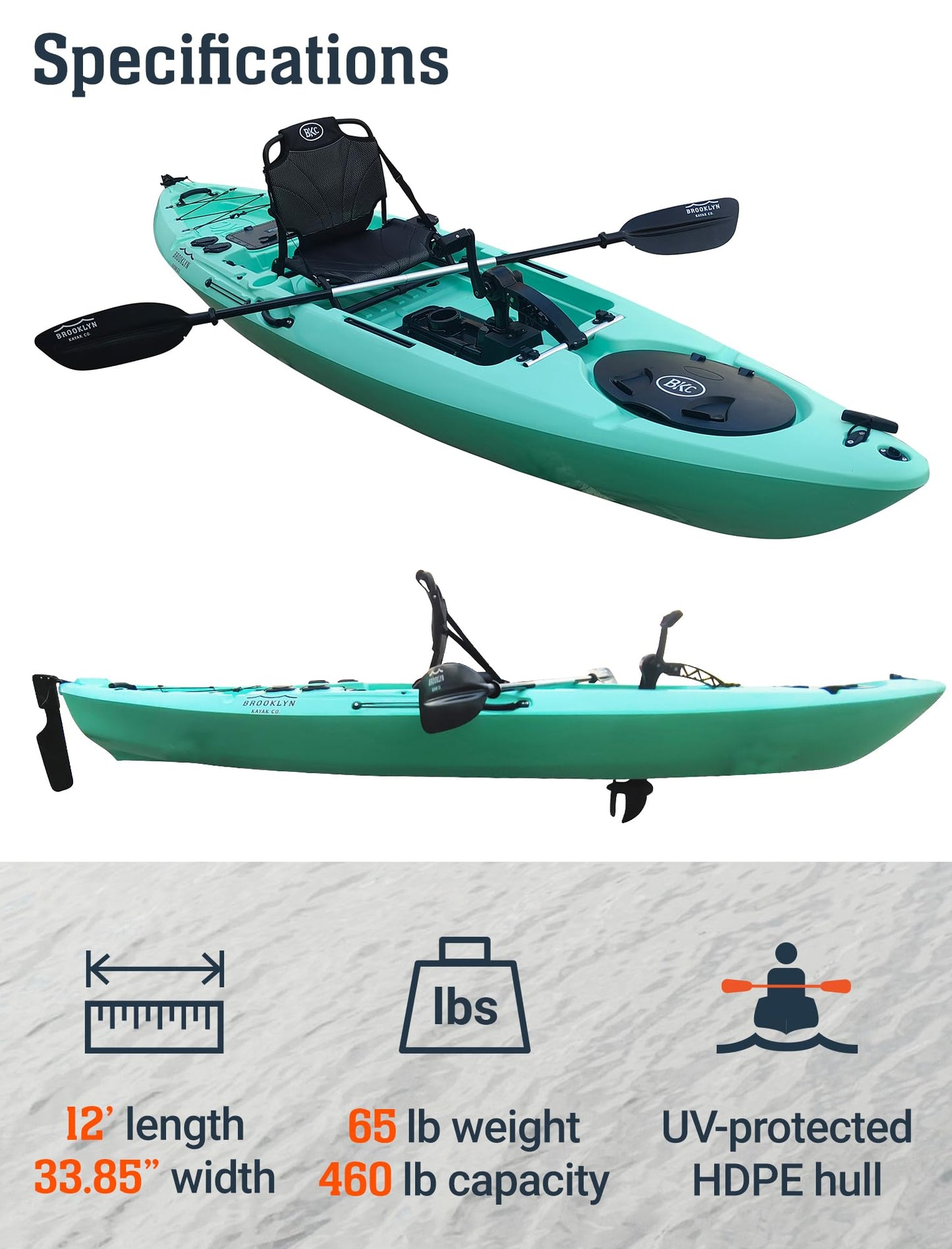 Upgraded Brooklyn 12.0 Pro Pedal Drive Propeller Kayak by BKC, 12 ft Hands-Free Single Fishing Kayak, Rudder Steering, 70 lb Hull, Watertight Storage & Adjustable Seat (Sunburst)