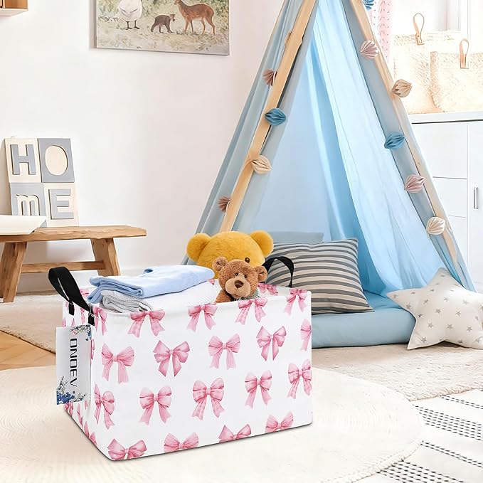 Rectangular Pink Bow Storage Basket,Collapsible Storage Bin for Nursery,Cute Bow Toy Storage Organizer for Kids Girls,for Home,Bedroom,Playroom,Closet,New Parent Gift(Pink Knot)