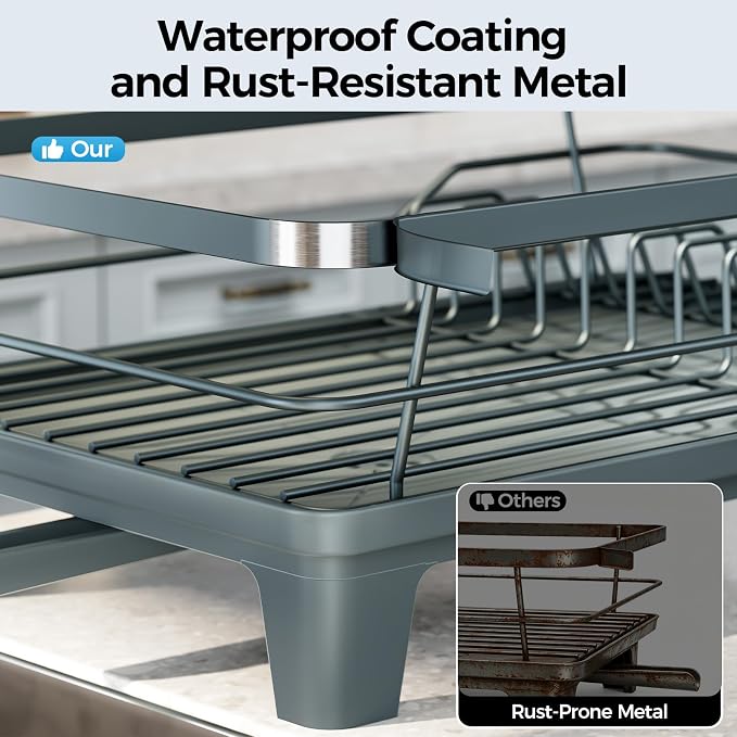 Urackify Dish Drying Rack for Kitchen Counter, Sink Dish Rack with Drainboard, Large Dish Drainer with Cups Holder, Home Countertop Plate Dryer Storage Rack with Cutlery Holder, Blue
