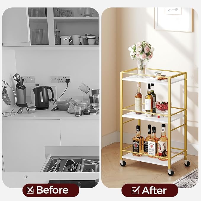 MAHANCRIS Bar Cart for The Home, 3-Tier Drink Cart on Wheels, Home Bar Serving Cart, Mini Bar Cart for Small Space, Rolling Kitchen Carts for Bar, Kitchen, Dining Room, Gold RCJW4001