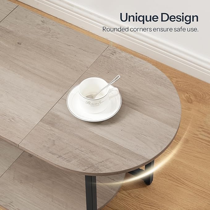 HOOBRO Coffee Table for Living Room, Oval Small Coffee Table with 2-Tier Open Storage Shelf, Industrial Cocktail Tea Table, Wooden Desktop Center Table, Farmhouse, Home Office, Greige BG09KF01