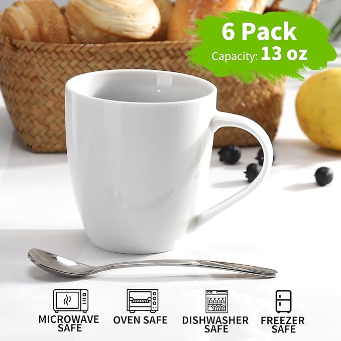Mfacoy Porcelain Coffee Mugs Set of 6, 13 Ounce Coffee Cups with Handle, Ceramic Tea Mugs for Latte, Hot Tea, Cappuccino, Mocha, Cocoa, Mug Gift Set, Dishwasher and Microwave Safe, White