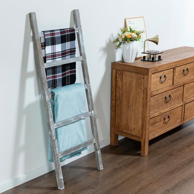 MyGift 54 inch Tall Fully Assembled Wood Blanket Ladder, 5-Tier Wall Leaning Towel Rack, No Assembly, Whitewashed