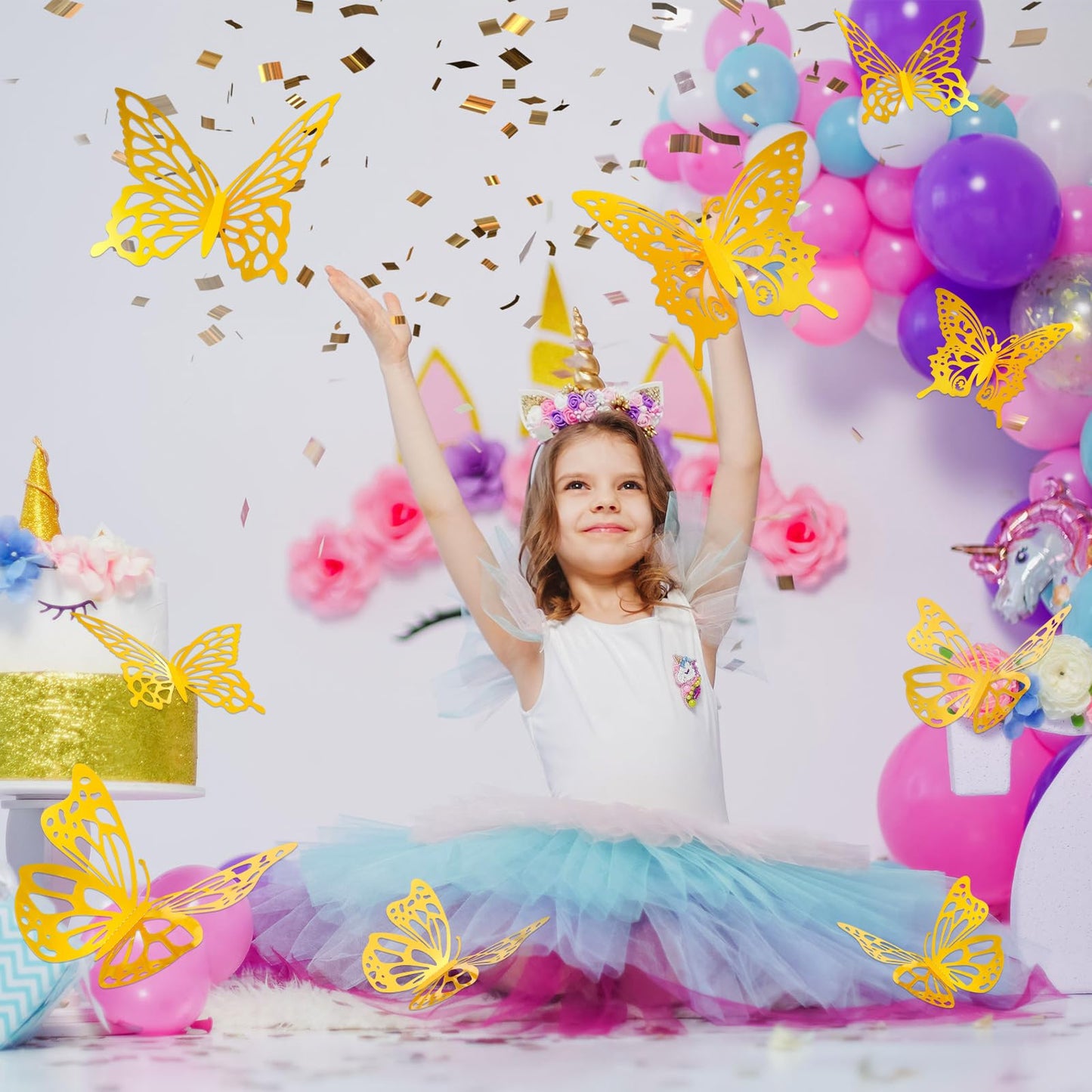 Yeaqee 24 Pcs Large Butterfly Party Decoration 3D Butterflies Wall Decor Set 2 Sizes 3 Styles Large Stickers for Birthday Baby Shower Nursery Bedroom Wedding Decor Cutouts (Gold)