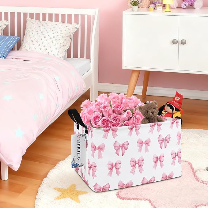 Rectangular Pink Bow Storage Basket,Collapsible Storage Bin for Nursery,Cute Bow Toy Storage Organizer for Kids Girls,for Home,Bedroom,Playroom,Closet,New Parent Gift(Pink Knot)