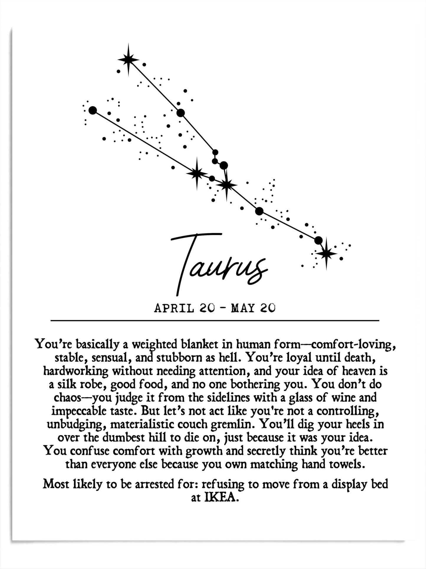 Taurus Zodiac Wall Art Print – Funny & Snarky 11x14 Unframed Astrology Poster with Constellation & Satirical Traits – Comedic Horoscope Gift for Taurus Women or Men – Cozy Earth Sign Home Decor.