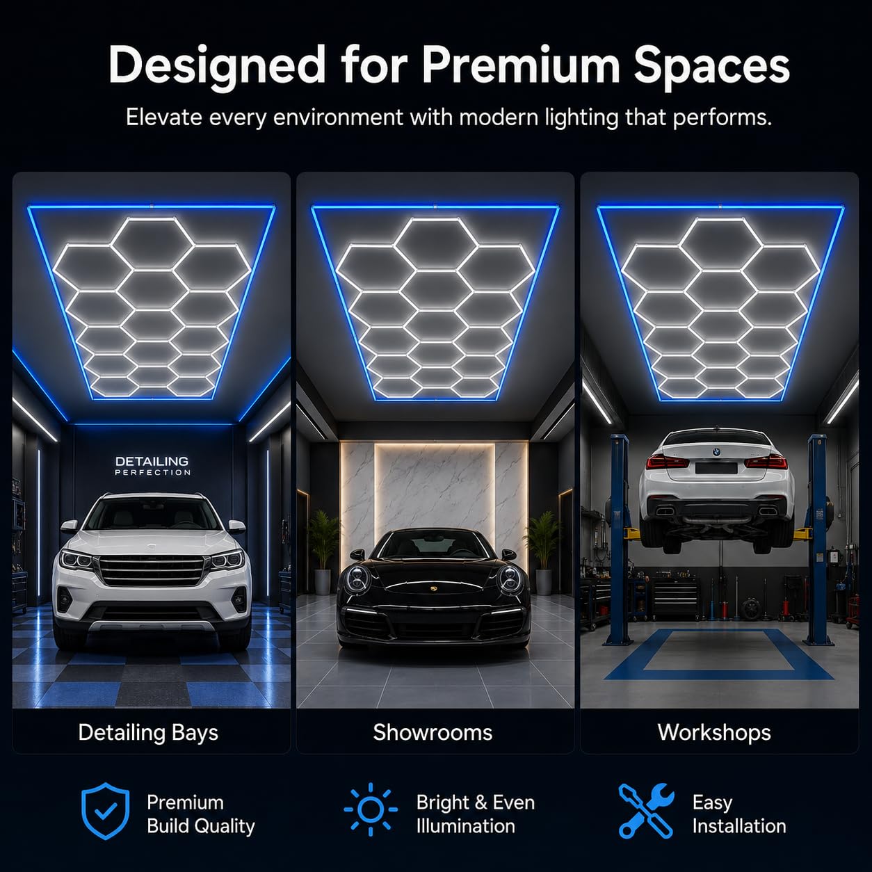 Hexagon Garage Lights 6500K, 15-Grid Honeycomb LED Garage Light with Blue Border, 84 Tubes 71400LM 660W Ceiling Shop Lights for Car Detailing, Workshop, Gym, Warehouse, Basement