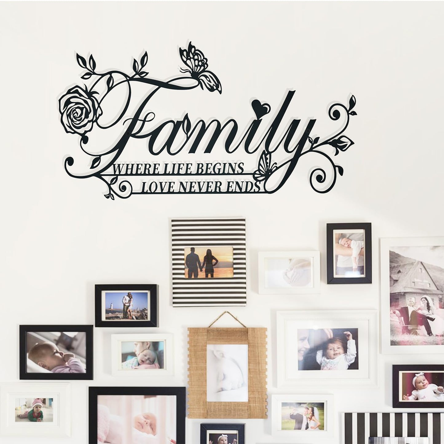 Family Where Life Begins Love Never Ends Word Sign Metal Wall Art Decor, Heavy-duty Iron Black Letters Quotes Sign Wall Sculptures Home Decor, Hanging Wall Art Decoration for Living Room Bedroom