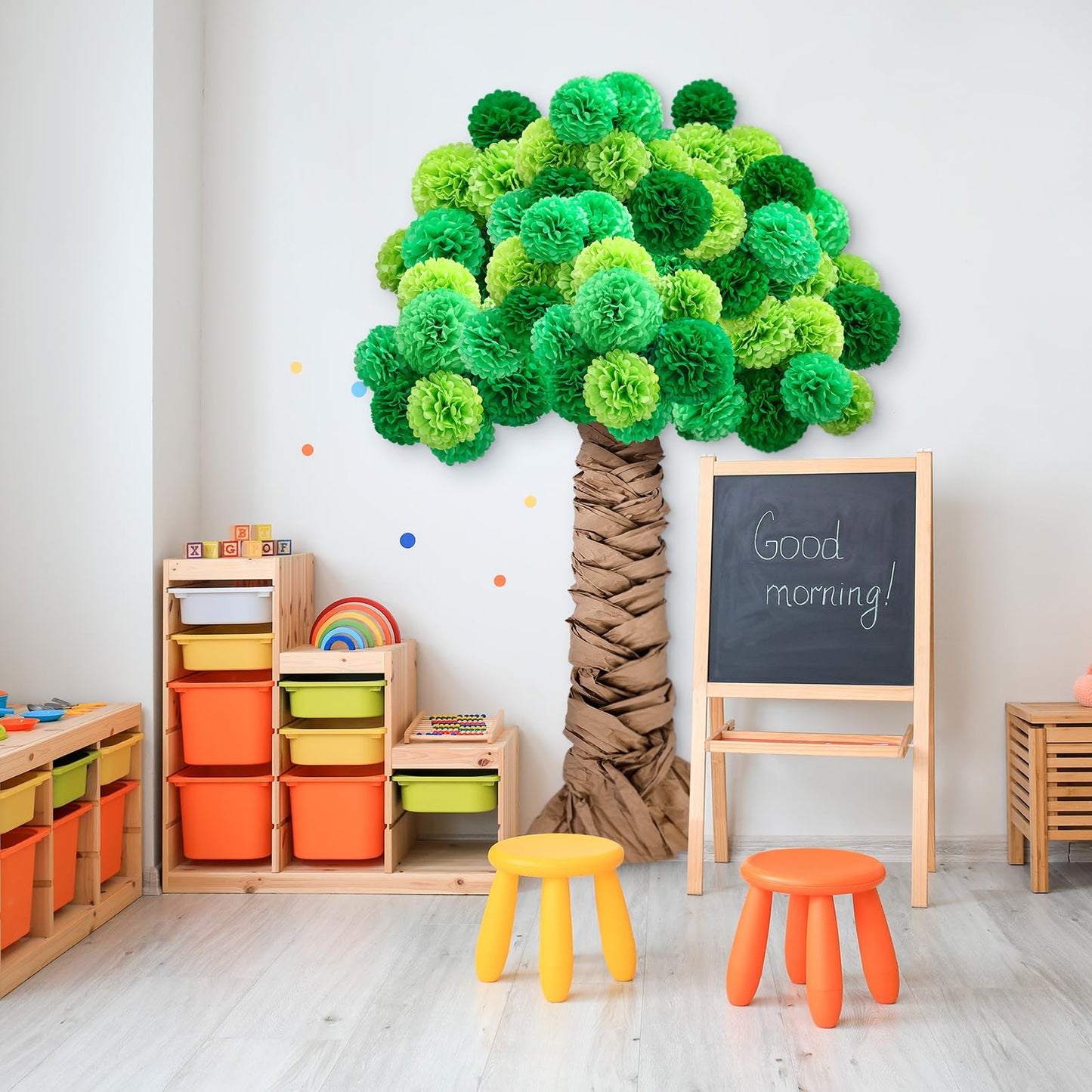 Mooliwe Classroom Tree Bulletin Board Set DIY 3D Cardboard Tree with Paper Pom Poms Kraft Craft Bulletin Board Wall 3D Decorations for School Elementary Teacher Chalkboard (Green,8, 10, 12 Inch)