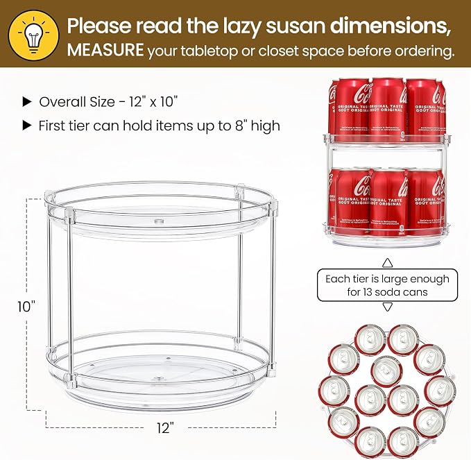 2 Tier Non-Skid Acrylic Lazy Susan Turntable Organizer - Rotating Spice Rack - Spinning Organization Tray for Kitchen, Pantry, Countertop, Closet, Bathroom, Vanity, Medicine Cabinet Organizing, 12''