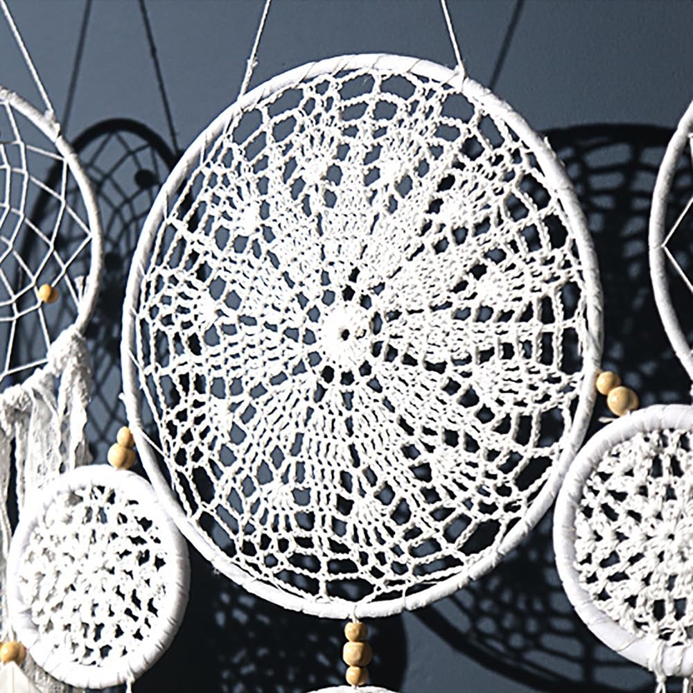 Handcrafted Dream Catcher Wall Decor Set, 5 Pieces, Round Shape, 10 Inch Diameter, Cotton and Feather, Art Deco Style, Moon and Star Design, Indoor Hanging Ornaments (5, Brown)