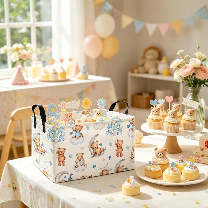 Rectangular Cute Bear Pattern Storage Bin, Decorative Canvas Laundry Basket with Dual Handles, Foldable Toy & Household Organizer, Multipurpose Party Gift Basket for Home Bedroom Dorm
