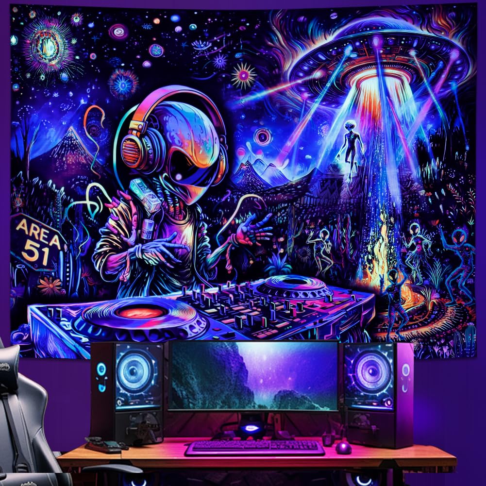 Galoker Blacklight Alien UFO Tapestry Trippy Galaxy Planet Tapestry UV Reactive Funny DJ Music Wall Tapestries Plant Cactus Tapestries Wall Hanging for Home Decor(51.2"x59.1")