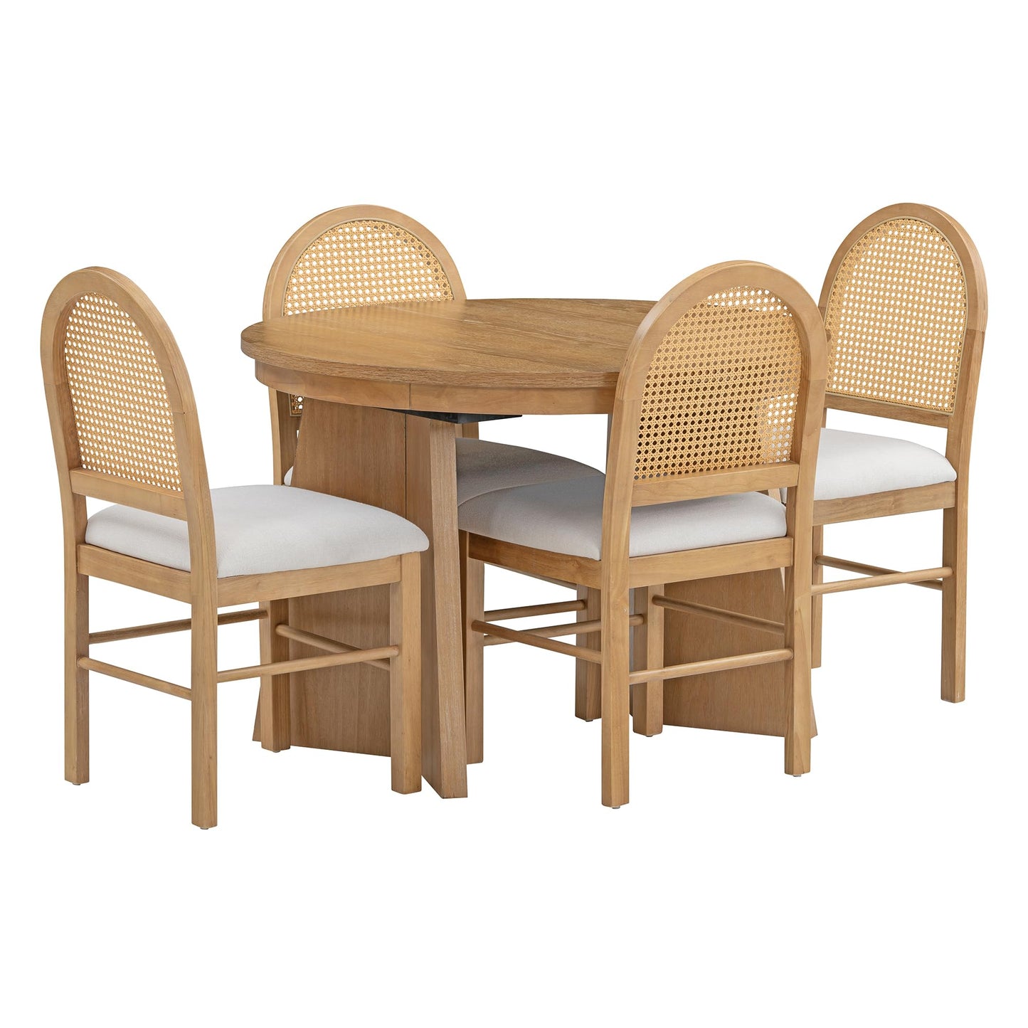 Merax Extendable Round Dining Table Set for 4, Wooden Construction with Upholstered Chairs with Rattan Backrests, Retro Style for Kitchen, Indoor Use, Natural