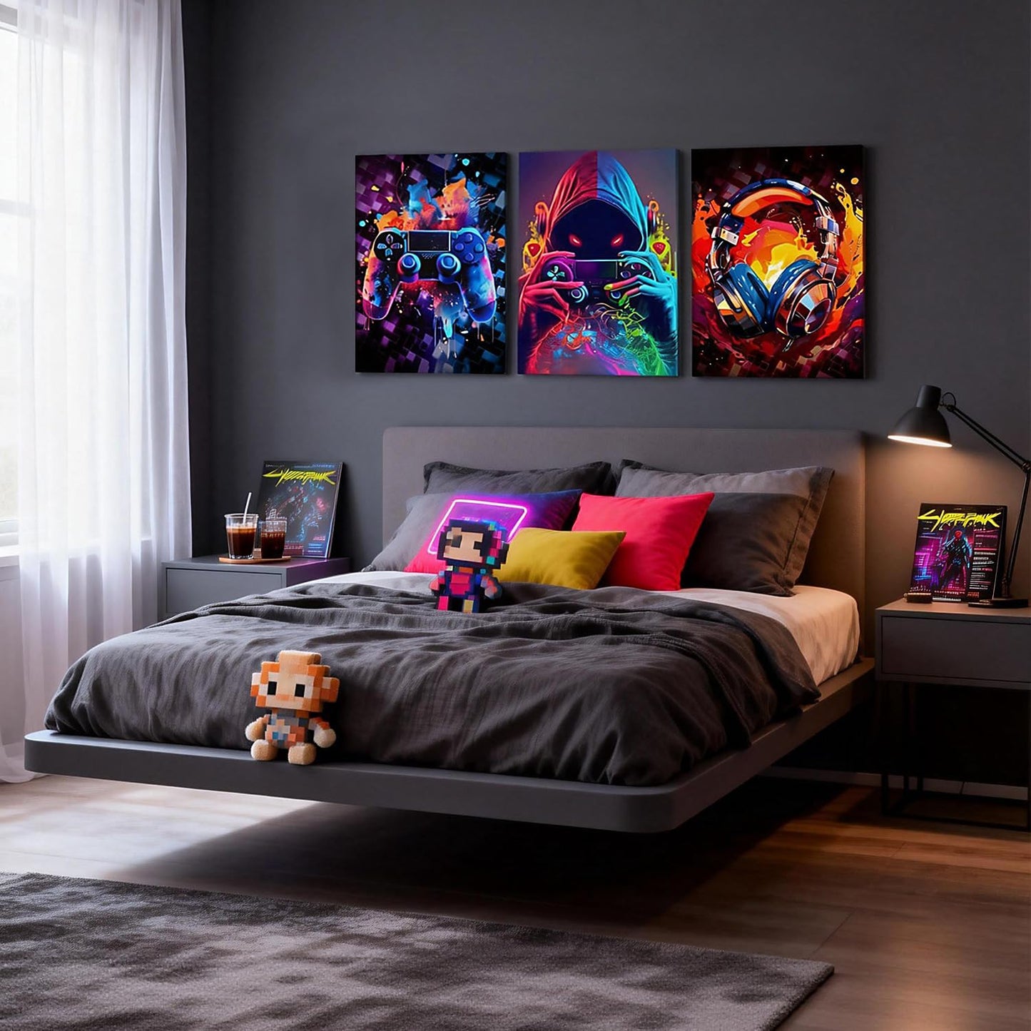 LYYGLYY 3Pcs Framed Cool Gaming Canvas Wall Art, Neon Video Game Printed Wall Art, Gamer Bedroom Artwork for Walls, Dazzling Headset Gamepad Poster Wall Decor for Gaming Room, Boys Room 12x16 Inches
