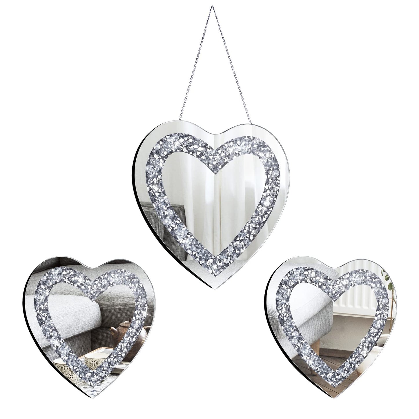 Qunclay 3 Pcs Crystal Crush Diamond Silver Mirror, 12 and 8 Inches Modern Shaped Wall Hang Decorations Glass Diamond Mirror for Bathroom Living Room (Heart Shape)