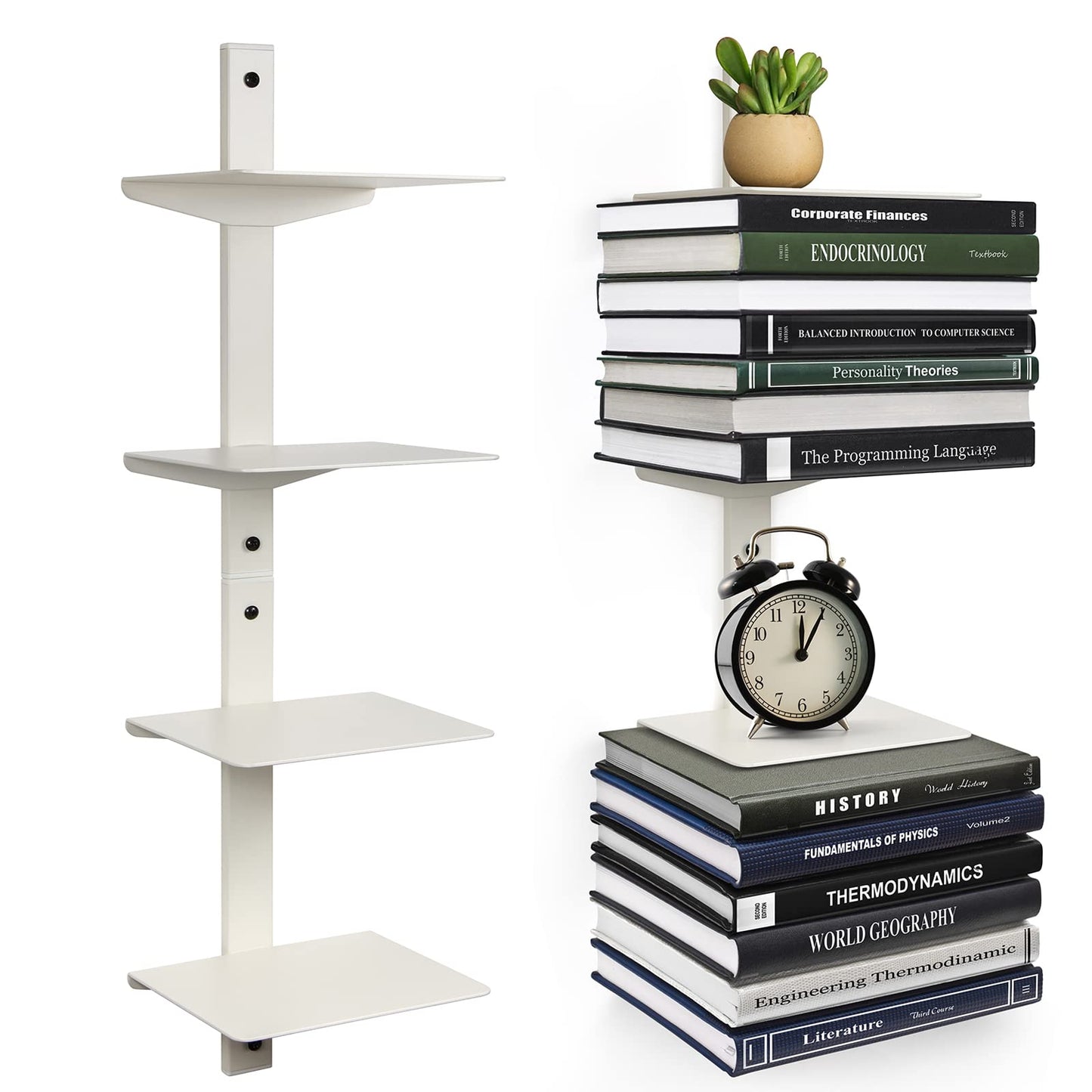 ART-GIFTREE Floating Book Shelves for Wall, 4 Tier Invisible Floating Bookshelf, Vertical Spine Book Tower, Wall Mounted & Space Saving, Heavy Duty Metal Book Organizer for Home Office, 2 Pack White