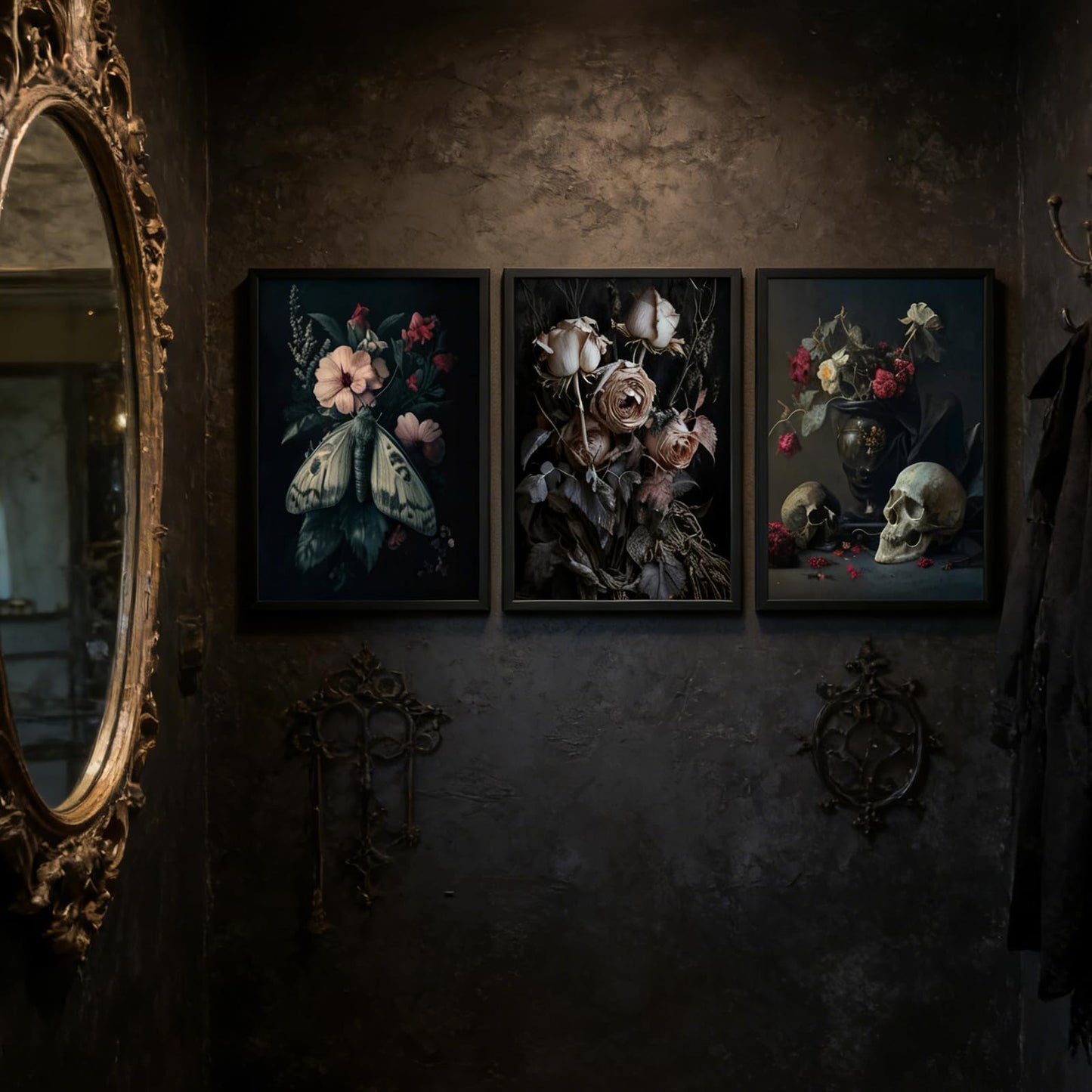 ASEKBWL 3Pcs Gothic Poster Wall Art Dark Academy Moth Rose skull Horror Painting Picture Wall Decor Creepy Moody Halloween Canvas Print Artwork for Bathroom Living Room Study Home Decoration Unframed