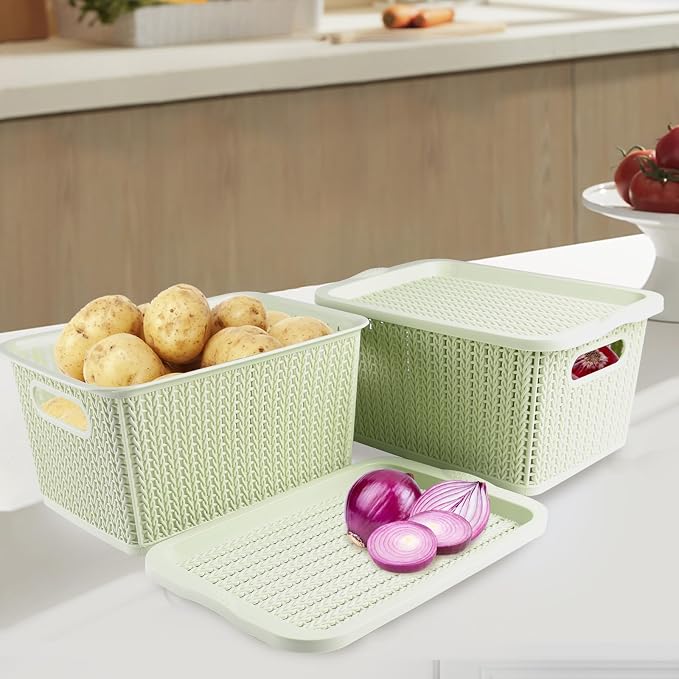 Onion and Potato Storage Bins Set,Stackable Plastic Pantry Box with Lids,BPA-Free,Potatos and Onions Storage Baskets for Kitchen,Countertop,More Vegetable Storages Pantry Baskets Organization
