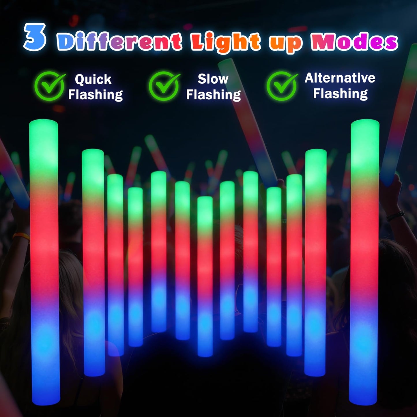 SHQDD 56PCS Foam Glow Sticks Bulk, Light up Foam Sticks with 3 Modes of Color Flashing, Glow Sticks Party Pack, Light up in the Dark Party Supplies for Wedding, Concert, New Year, Halloween