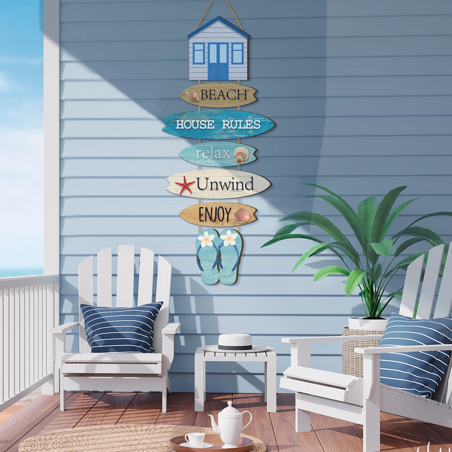 Kigley Beach Theme Wooden Wall Decor Summer Coastal Ocean Hanging Decor for Living Room, Bedroom, Bathroom Flip Flop Wood Sign with Starfish, Seashell, Coastal Wall Art for Home Office 25.2 x 9.4 Inch