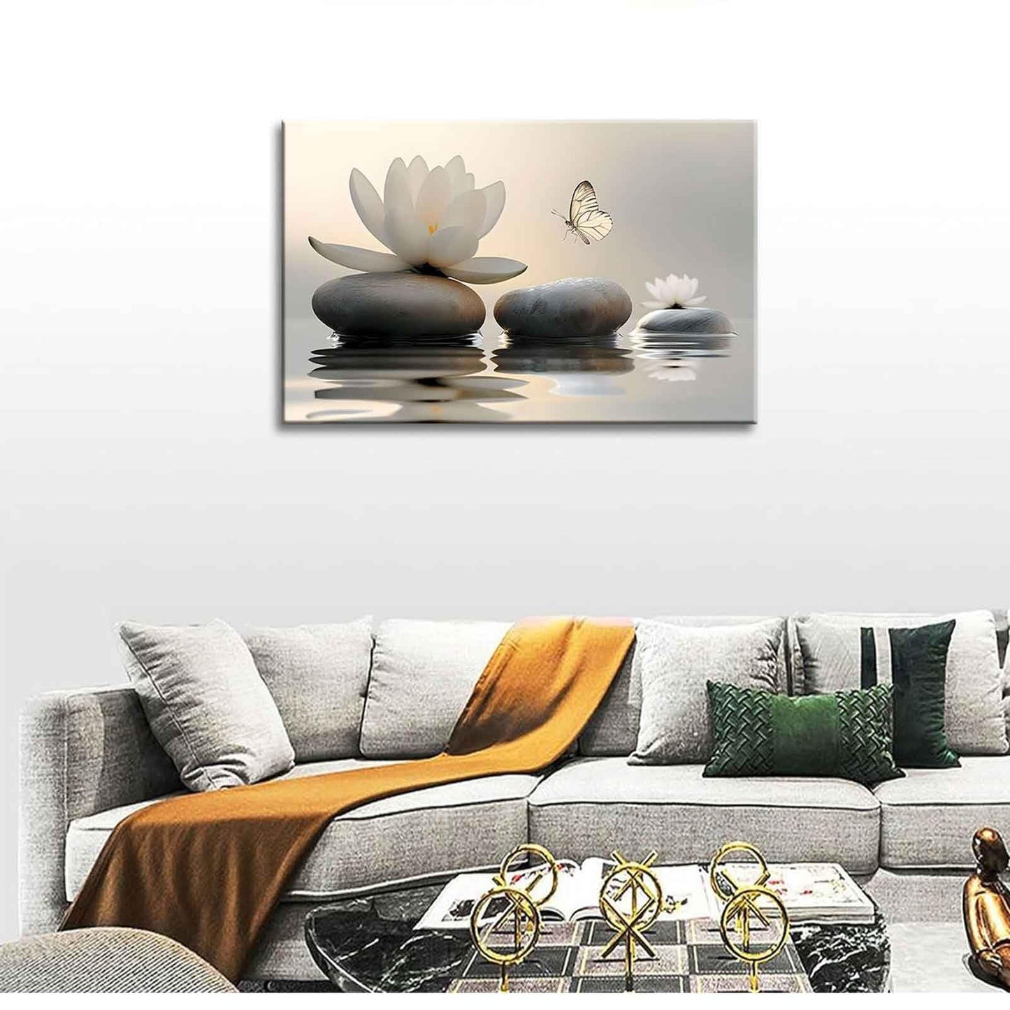 Zen White Lotus Canvas Wall Art White Flower Yellow Butterfly on Lake Wall Decor Pictures Meditation Posters Prints for Bathroom Living Room Modern Spiritual Yoga Spa Bedroom Decoration