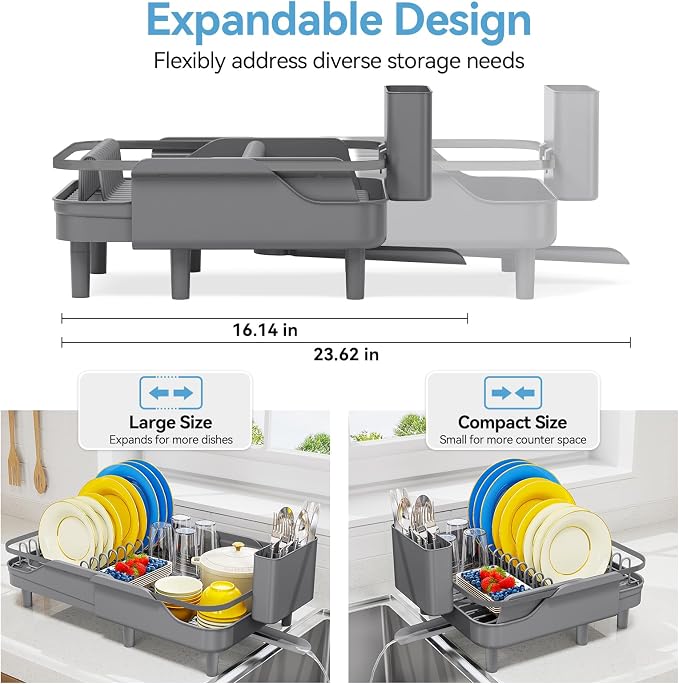 Urackify Expandable Dish Rack for Kitchen Counter,16.14"-23.62" Large Dish Drying Rack with Adjustable Water Spout, Space Saving Dish Drainer with Auto Draining Cutlery Holder, Matte Grey